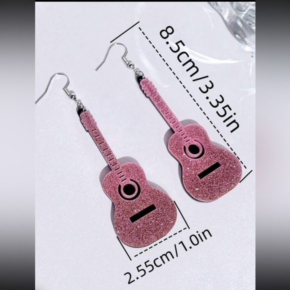 Pink Guitar Acrylic Dangle Earrings, New - Picture 2 of 2